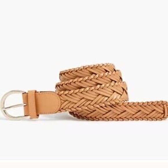JCrew Woven Tan Leather Belt Womens L/XL Silver Buckle NWT - Picture 1 of 6